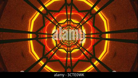 Un design géométrique vif met en valeur un motif en spirale avec des reflets orange et jaune vifs, créant un effet visuel dynamique et énergique au milieu de Banque D'Images