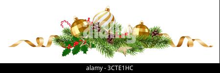 Bordure d'élément de Noël, bannière de décorations d'or, branches d'arbre de Noël, boules d'or, branches de houx, cônes de pin, cannes à bonbons et rubans de streamer Illustration de Vecteur