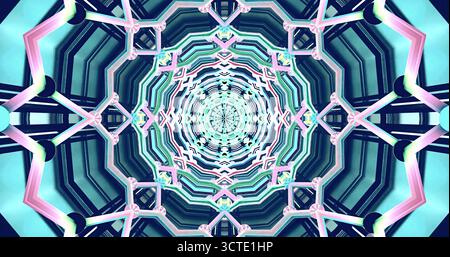 Un design vibrant et symétrique met en valeur des formes et des couleurs complexes. Cette œuvre abstraite captive avec ses motifs répétitifs et son flux dynamique, d Banque D'Images