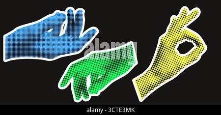 Une collection de collage mains avec un kit de contour et un ensemble pour une tenue jaune et verte avec un design pop art rétro. Illustration de Vecteur