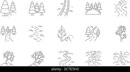 Paysage hivernal avec des arbres, des rivières et des flocons de neige icônes des sports d'hiver Illustration de Vecteur