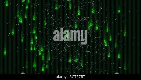 Diffusion en cascade de chiffres binaires verts à travers l'environnement virtuel, avec des nœuds de réseau blancs Banque D'Images