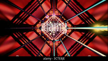 Un design complexe affiche des formes géométriques rayonnant des couleurs vives rouge, orange et violet. Des faisceaux lumineux s'étendent vers l'extérieur, créant un dynam Banque D'Images