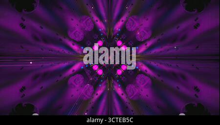 L'art abstrait coloré présente un fond violet profond avec des motifs géométriques dynamiques et des éléments circulaires brillants. Le design crée un sentiment de Banque D'Images