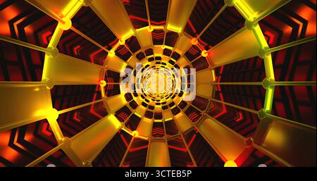 Un tunnel en spirale vibrant présente des motifs lumineux jaunes, orange et verts. La structure crée une expérience visuelle immersive, avec des lumières illumin Banque D'Images