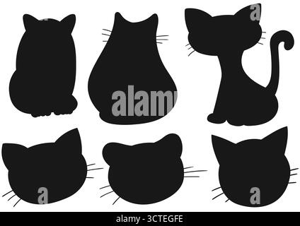 Chats, chatons. Ensemble de silhouettes dans le style dessiné à la main. Conception pour les énigmes, les tâches éducatives des enfants. Icônes, signes, autocollants, épingles, logo Illustration de Vecteur