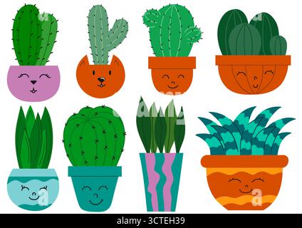 Cactus, cactus. Ensemble d'illustrations plates en couleur. Conception pour cartes postales, flyers, bannières, décoration de chambre. Icônes signes autocollants logo Illustration de Vecteur