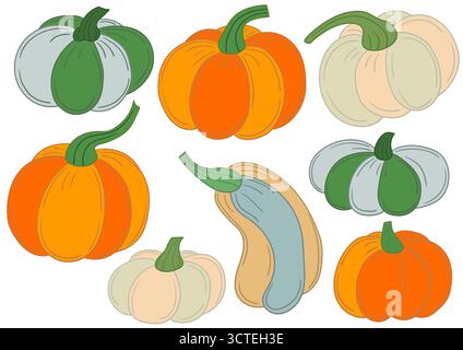 Citrouille. Ensemble d'illustrations en couleur dans le style de dessin à la main. Conception pour cartes postales, flyers, bannières, décoration de chambre. Icônes, signes, logo Illustration de Vecteur