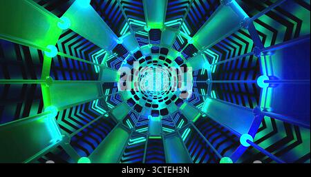 Un tunnel en spirale vibrant présente des néons brillants et des motifs géométriques complexes. Les couleurs bleues et vertes vives créent un visuel captivant ex Banque D'Images