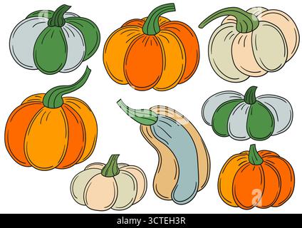 Citrouille. Ensemble d'illustrations en couleur dans le style de dessin à la main. Contour noir. Conception pour cartes postales, flyers, bannières, décoration de chambre. Icônes, autocollants, épingles l Illustration de Vecteur