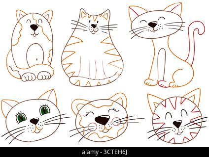 Chats, chatons. Ensemble d'illustrations dans le style dessiné à la main. Dessin à la main, contour de couleur. Conception pour la coloration par couleurs, cartes postales. Icônes, enseignes, autocollants, Illustration de Vecteur