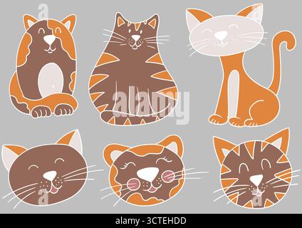 Chats, chatons. Ensemble d'illustrations en couleur dans le style de dessin à la main sur fond gris. Contour blanc. Conception pour cartes postales, flyers, bannières. Icônes, signes, s Illustration de Vecteur