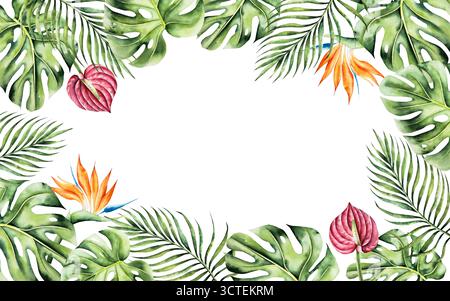 Cadre de feuille Monstera, Strelitzia et modèle de fleurs d'anthurium rouge. Aquarelle dessinée à la main palmier areca, tons verts vibrants. Botanique isolée Banque D'Images