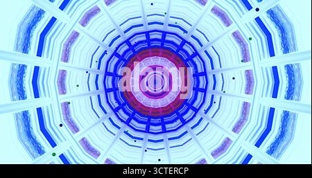 Un design circulaire éclatant présente des motifs complexes dans des tons de bleu et de rouge. La structure semble faire partie d'une installation artistique que dra Banque D'Images