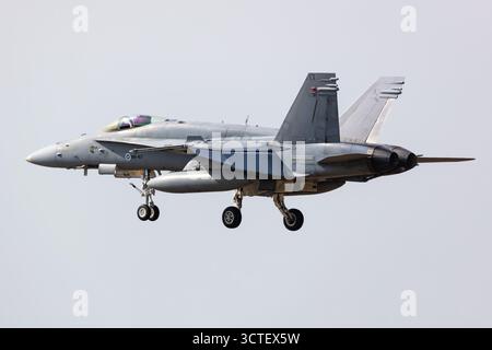 Radom, Pologne - 28 août 2025 : avion de chasse Boeing F-18 Hornet de l'armée de l'air finlandaise. Exploitation en vol. Aviation militaire. Défense aérienne. Banque D'Images