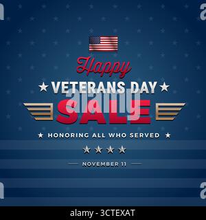 Happy Veterans Day Sale graphique carré bleu pour le marketing postal ou par e-mail des médias sociaux - drapeau des États-Unis et lettrage de vente des vétérans sur fond bleu - v Illustration de Vecteur