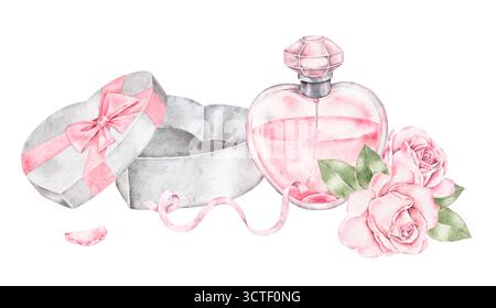 Art aquarelle romantique avec une bouteille de parfum rose, des roses, et une boîte-cadeau attachée avec ruban. Design élégant et délicat parfait pour les cartes de Saint-Valentin, Banque D'Images