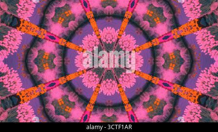 Les motifs floraux colorés créent un effet kaléidoscope saisissant. Le design présente des nuances de rose et d'orange, avec des formes complexes mélangeant harmonio Banque D'Images