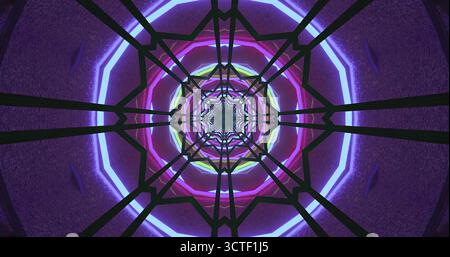 Les couleurs vives au néon forment des motifs géométriques complexes, créant un effet tunnel captivant. Les formes s'entrelacent et se fondent dans les nuances vibrantes de pur Banque D'Images