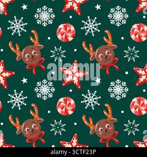 Un bonbon au chocolat en forme de visage de renne festif avec des bois de bretzel, des flocons de neige et des sucettes. Ce motif sans couture est un mignon et Illustration de Vecteur
