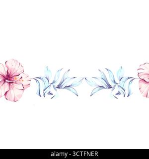 Fond d'écran de fond de motif sans couture d'été avec de belles fleurs d'hibiscus et des feuilles aquatiques pour une ambiance de vacances tropicales et festive Illustration de Vecteur