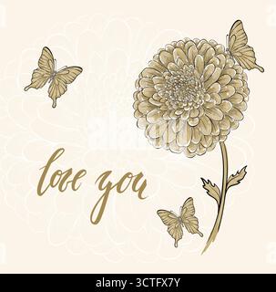 Je t'aime. Stylo pinceau dessiné à la main lettrage sur chrysanthème de fleur et papillon Illustration de Vecteur