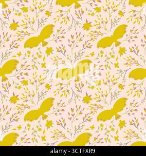 Motif sans couture jaune vif avec des oiseaux volants et des feuilles sur beige. Conception numérique joyeuse de printemps pour le tissu, l'emballage et les produits pour bébés. Idéal pour Banque D'Images