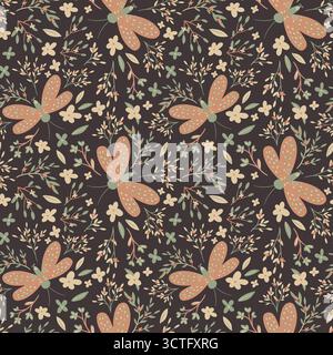 Motif numérique sans couture foncé avec des papillons, des fleurs et des feuilles. Fond plein de style plat. Idéal pour le textile de saison, la literie, l'emballage ou l'emballage Banque D'Images