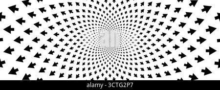 Arrière-plan d'illusion optique de flèche. Surface de flèches rotatives hypnotiques noires et blanches. Motif poster en spirale tournant. Fond d'écran abstrait Trippy illusion pour bannière, modèle de conception. Vecteur Illustration de Vecteur