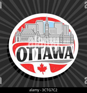 Logo vectoriel pour Ottawa, étiquette de papier coupé blanc avec illustration de contour du célèbre paysage de la ville d'ottawa sur fond de ciel de jour, design d'art réfrigérateur magne Illustration de Vecteur