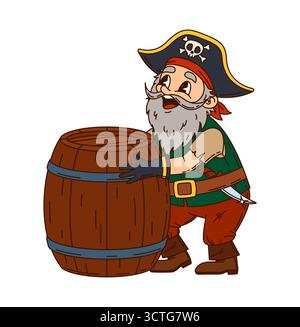 Pirate de dessin animé européen et personnage corsaire avec baril de rhum. Vecteur isolé groovy drôle capitaine y2k personnage montre une expression joyeuse embrassant un grand fût en bois, rempli de boisson alcoolisée Illustration de Vecteur