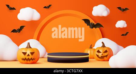 3d podium d'Halloween avec des citrouilles. Fond festif réaliste avec lanternes jack, chauves-souris, nuages et piédestal circulaire vide. Scène orange noir pour l'affichage de produit effrayant, promotions saisonnières des fêtes Illustration de Vecteur