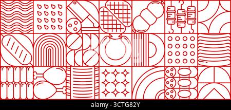 Motif géométrique abstrait de viande. Fond de tuiles d'art de ligne rouge vectoriel, toile de fond culinaire avec des éléments alimentaires assortis comme la viande, les saucisses, le pain et les ustensiles de cuisine dans une disposition moderne et linéaire de grille Illustration de Vecteur