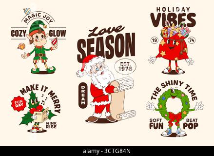 Noël drôle groovy personnages rétro autocollants et t-shirt imprimés. Vector Cute vintage Santa Claus, elfe festif, sac cadeau, couronne et personnages de dessins animés holly avec citations de vacances et salutations de Noël Illustration de Vecteur