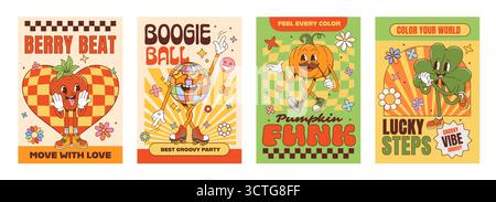 Affiches de personnages groovy de fête. Personnages rétro de fraises, de légumes à la citrouille, de boule disco et de trèfle avec danses funky ludiques avec patins à roulettes, lunettes de soleil et vibrations vintage groove Illustration de Vecteur