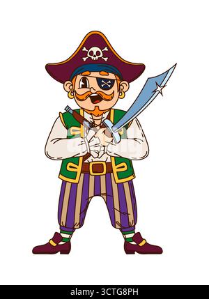 Caricature pirate européen et personnage de marin corsaire avec chapeau de capitaine, sabre et pistolet pose joyeusement. Vector groovy joyeux personnage rover y2k avec moustaches au gingembre et barbe porte un cache-oeil Illustration de Vecteur