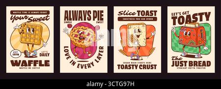 Affiches de personnages de pâtisserie et de boulangerie groovy. Les cartes de dessins animés vintage représentant des personnages gastronomiques joyeux comme des gaufres, des tartes, des toasts et un grille-pain aux visages expressifs évoquent une ambiance de boulangerie ludique et nostalgique Illustration de Vecteur