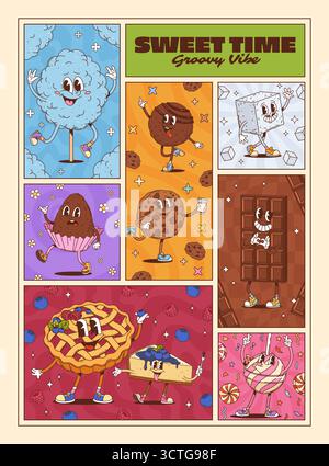 Bonbons et desserts groovy personnages affiches, pâtisserie rétro vectorielle et confiserie. Barre de chocolat groovy de dessin animé, tarte aux fruits et cheesecake, biscuits, sucette et personnages de sucre, affiches de boulangerie Illustration de Vecteur