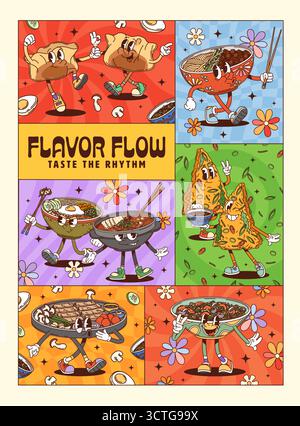 Des affiches de personnages groovy de la cuisine coréenne amusante présentant des plats asiatiques de dessins animés tels que des boulettes, des bols ramen, des samosas, des hot pot et des nouilles dansant avec des expressions joyeuses sur des fonds vibrants Illustration de Vecteur