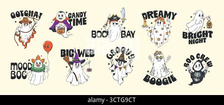 Dessins animés Halloween personnages fantômes y2k hippie groovy autocollants. Fantômes groovy rétro vectoriels portant des costumes de fête de nuit d'Halloween de sorcière, vampire, squelette et clown, pirate et cow-boy autocollants y2k Illustration de Vecteur
