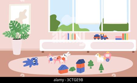 Intérieur de la garderie enfants salle de jeux avec peluches et jeux éducatifs. Chambre vide de la pépinière. Peluche en peluche et cubes de jeu sur la moquette. Fenêtre d'accueil. Ki Illustration de Vecteur