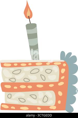 Tranche de gâteau d'anniversaire de style dessin animé avec bougie allumée. Illustration de Vecteur