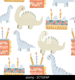 Motif dinosaures et gâteaux d'anniversaire sur fond noir. Illustration de Vecteur