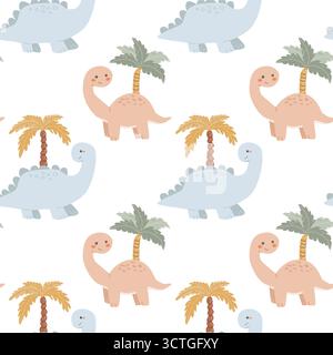 Mignons dinosaures de bande dessinée et palmiers sur fond noir. Illustration de Vecteur