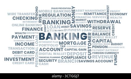 Banque Word Cloud illustration, conception de nuage de mots pour les banques monétaires et financières avec concept d'épargne, de prêt et de capital Illustration de Vecteur