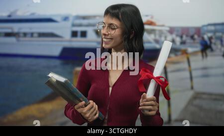 Jeune femme sourit et tient livre et ruban rouge attaché rouleau de diplôme avec les mains au port ; fierté succès. Banque D'Images