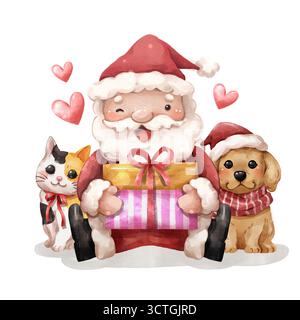 Illustration de dessin animé aquarelle du Père Noël tenant plusieurs boîtes-cadeaux emballées avec un chat tricolore et un chiot Golden retriever portant un petit Père Noël Banque D'Images