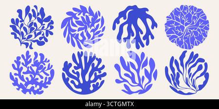 Motifs corail bleu avec algues marines et flore océanique organique pour la conception marine. Formes décoratives de varech, branches de récif et formes botaniques aquatiques. Éléments sous-marins de style méditerranéen pour un décor côtier Illustration de Vecteur