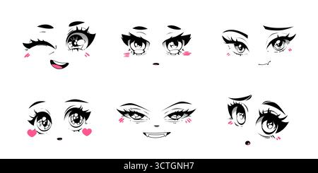 Expressions faciales Kawaii avec style anime - visages de fille montrant des émotions claquant et pleurant, souriant et rougissant avec des joues roses pour la conception de personnages de manga. Yeux noirs, bouches et marqueurs émotionnels. Illustration de Vecteur
