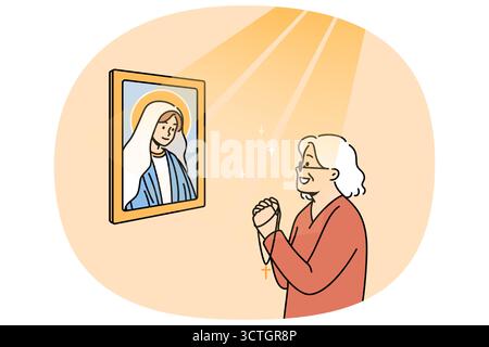 Femme âgée prie à Dieu debout près de l'icône de marie vierge, sous les rayons de lumière. Dame aux cheveux gris prie tenant le crucifix catholique dans les mains et souriant, remerciant la mère de jésus pour la vie Illustration de Vecteur